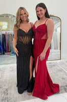 Load image into Gallery viewer, Glitter Burgundy Beaded Long Formal Dress with Slit