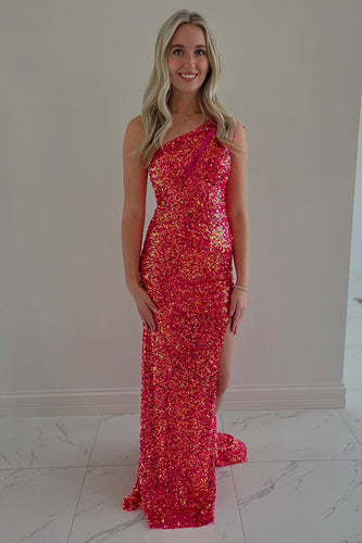 Sparkly Coral Sequin Mermaid Formal Dress with Slit