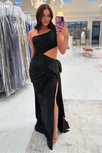 Black One Shoulder Beaded Cut Out Formal Dress with Slit