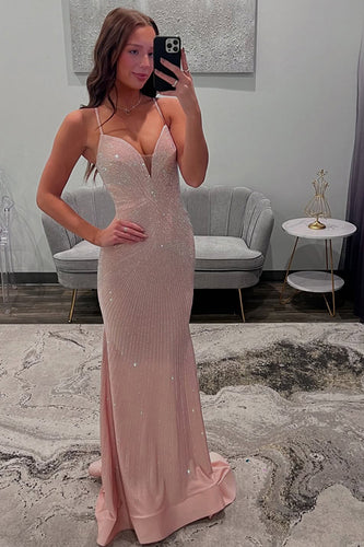 Sparkly Light Pink Satin Sheath Formal Dress with Beading