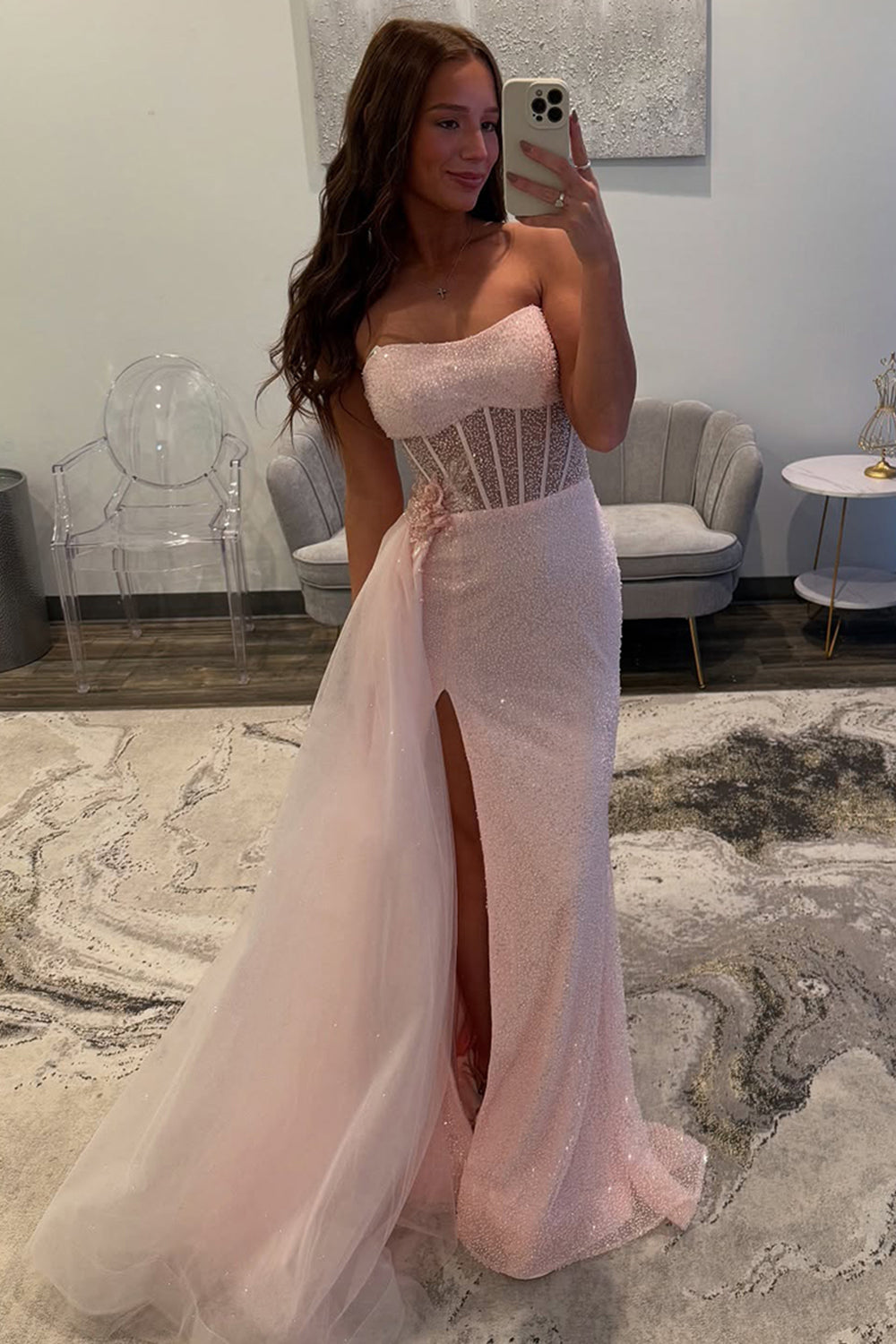 Sparkly Light Pink Sequin Long Corset Formal Dress with Slit