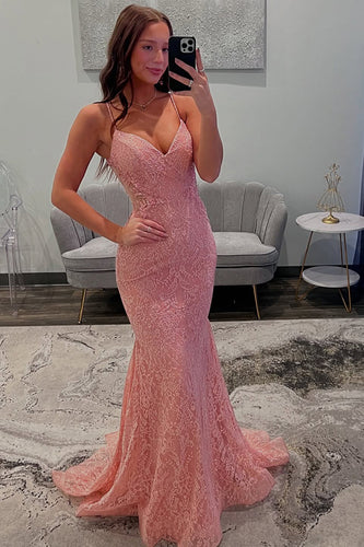 Pink Lace Spaghetti Straps Mermaid Long Formal Dress