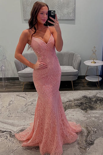 Pink Lace Spaghetti Straps Mermaid Long Formal Dress
