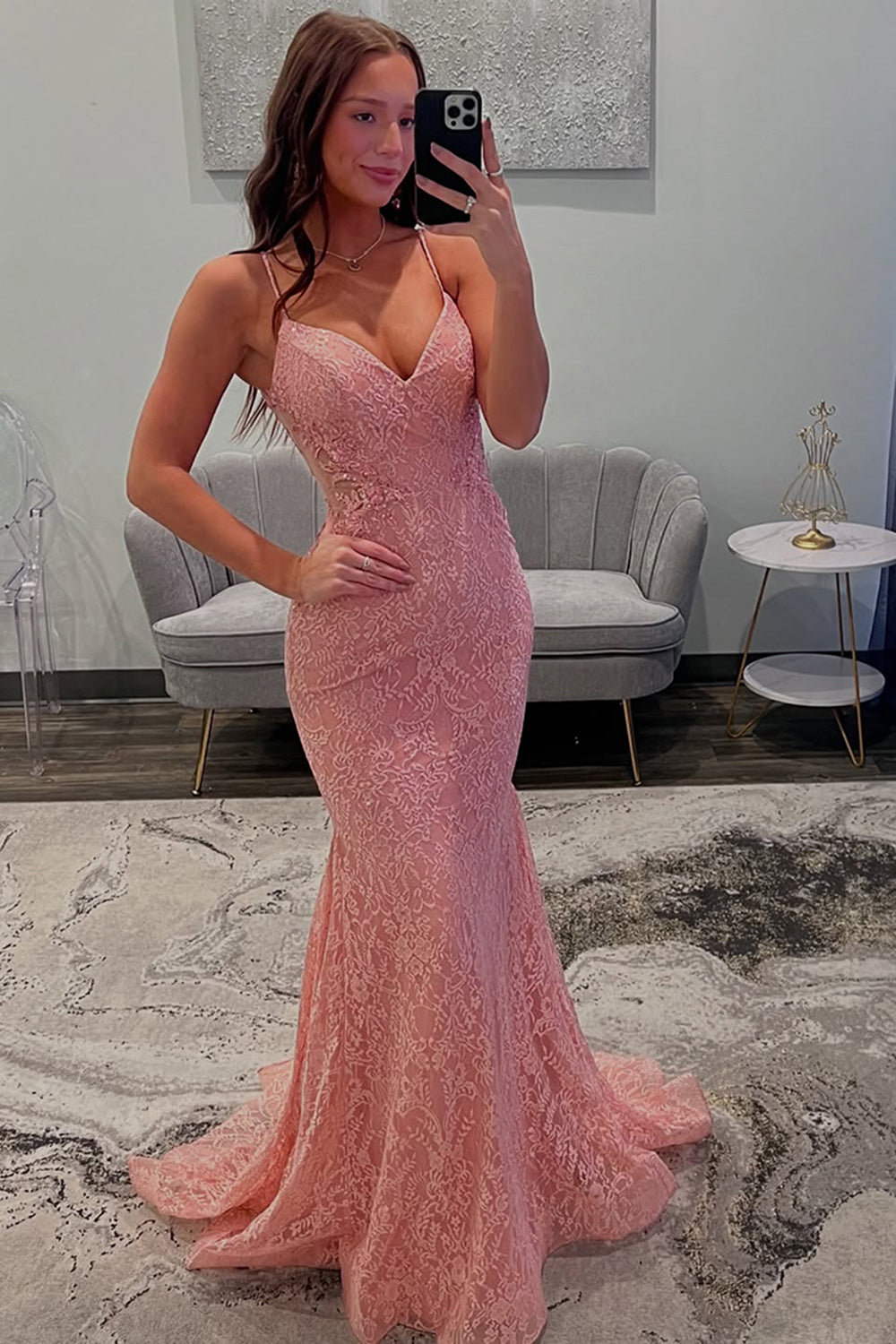 Pink Lace Spaghetti Straps Mermaid Long Formal Dress