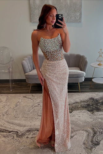 Sparkly Champagne Sequin Mermaid Formal Dress with Beading