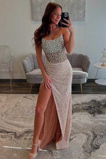 Sparkly Champagne Sequin Mermaid Formal Dress with Beading