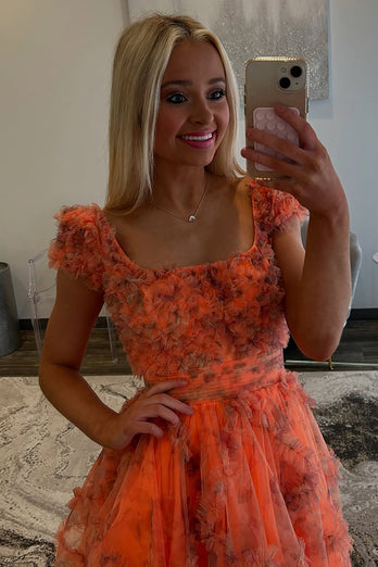 Orange Square Neck Tulle A Line Long Formal Dress