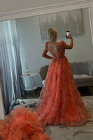 Load image into Gallery viewer, Orange Square Neck Tulle A Line Long Formal Dress