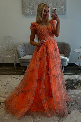 Orange Square Neck Tulle A Line Long Formal Dress