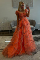 Load image into Gallery viewer, Orange Square Neck Tulle A Line Long Formal Dress