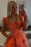 Load image into Gallery viewer, Orange Square Neck Tulle A Line Long Formal Dress