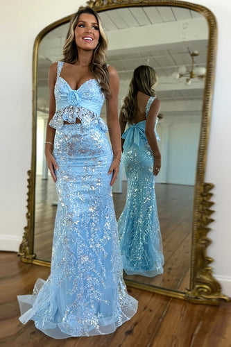 Sparkly Blue Two Pieces Mermaid Long Formal Dress with Sequins