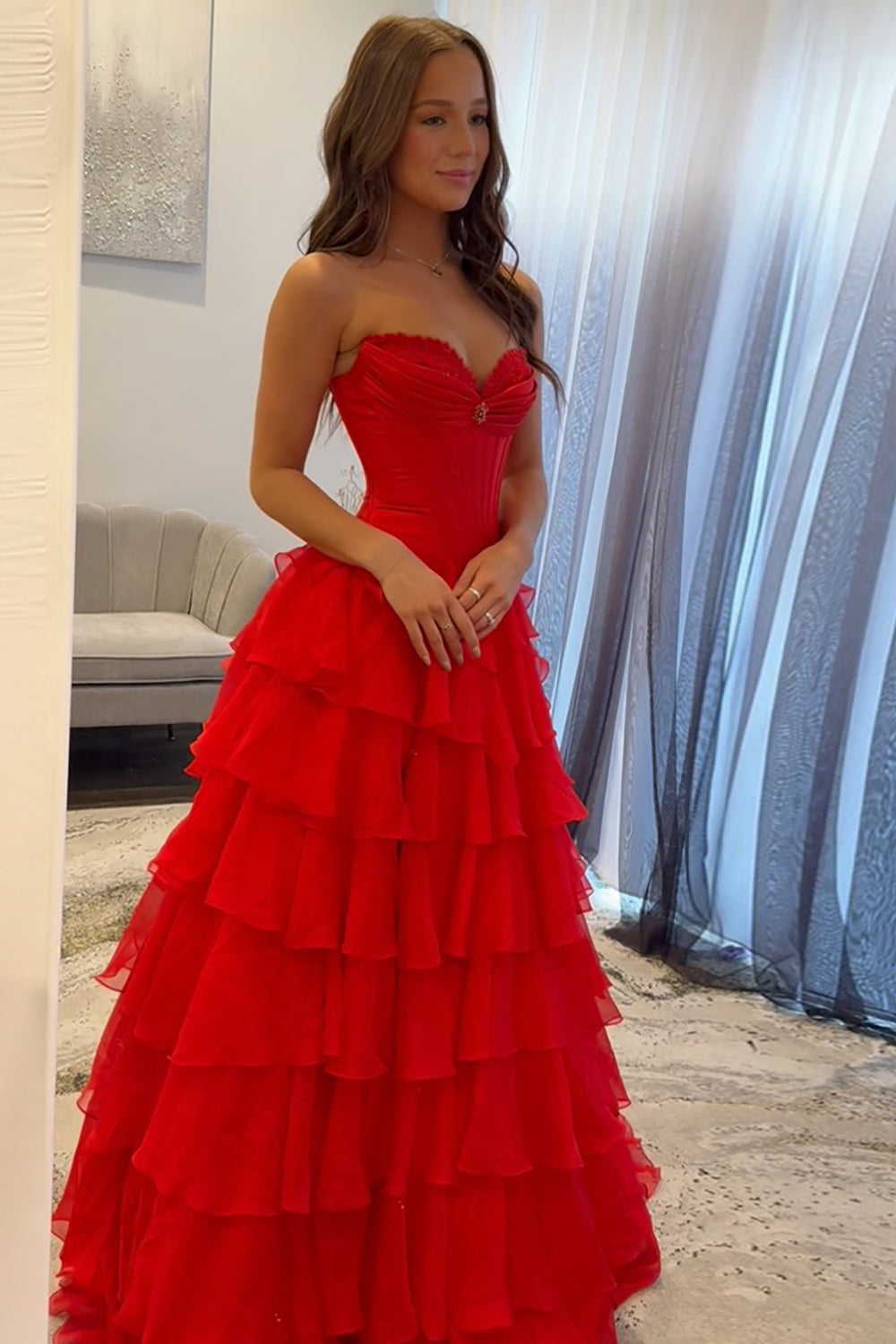 Red Chiffon Tiered A Line Corset Long Formal Dress