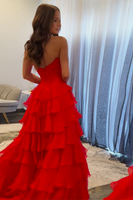 Load image into Gallery viewer, Red Chiffon Tiered A Line Corset Long Formal Dress