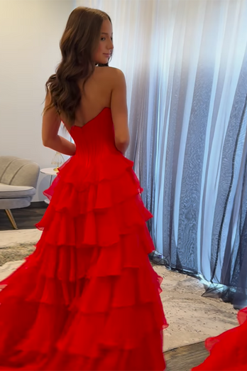 Red Chiffon Tiered A Line Corset Long Formal Dress