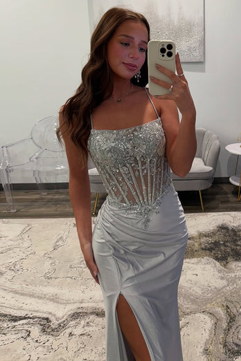 Silver Satin Long Mermaid Corset Formal Dress with Appliques
