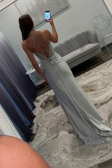 Silver Satin Long Mermaid Corset Formal Dress with Appliques