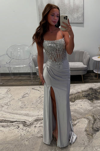 Silver Satin Long Mermaid Corset Formal Dress with Appliques
