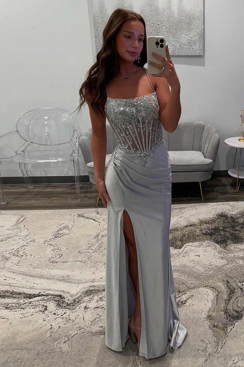 Load image into Gallery viewer, Silver Satin Long Mermaid Corset Formal Dress with Appliques