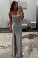 Load image into Gallery viewer, Silver Satin Long Mermaid Corset Formal Dress with Appliques