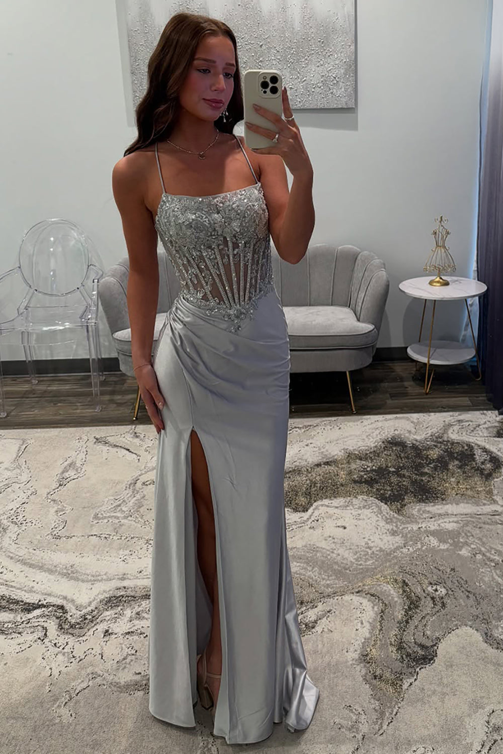 Silver Satin Long Mermaid Corset Formal Dress with Appliques