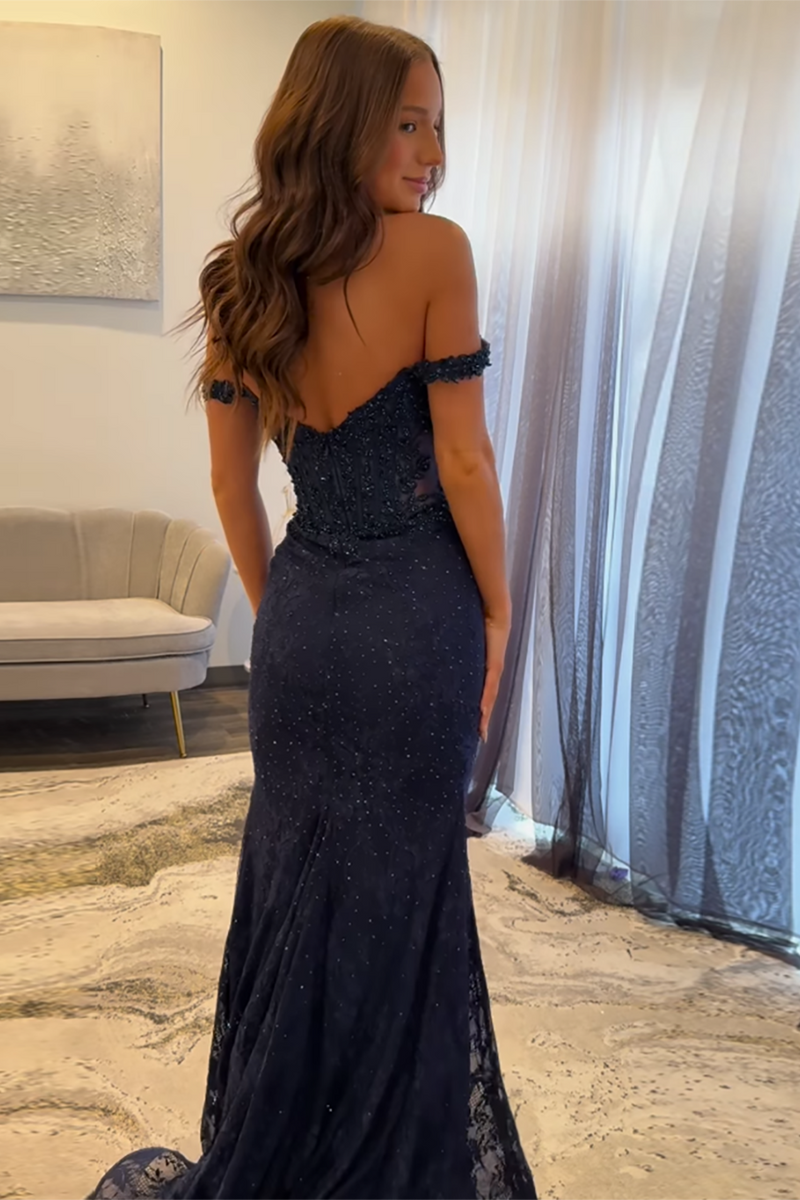 Load image into Gallery viewer, Navy Lace Mermaid Long Corset Formal Dress with Appliques