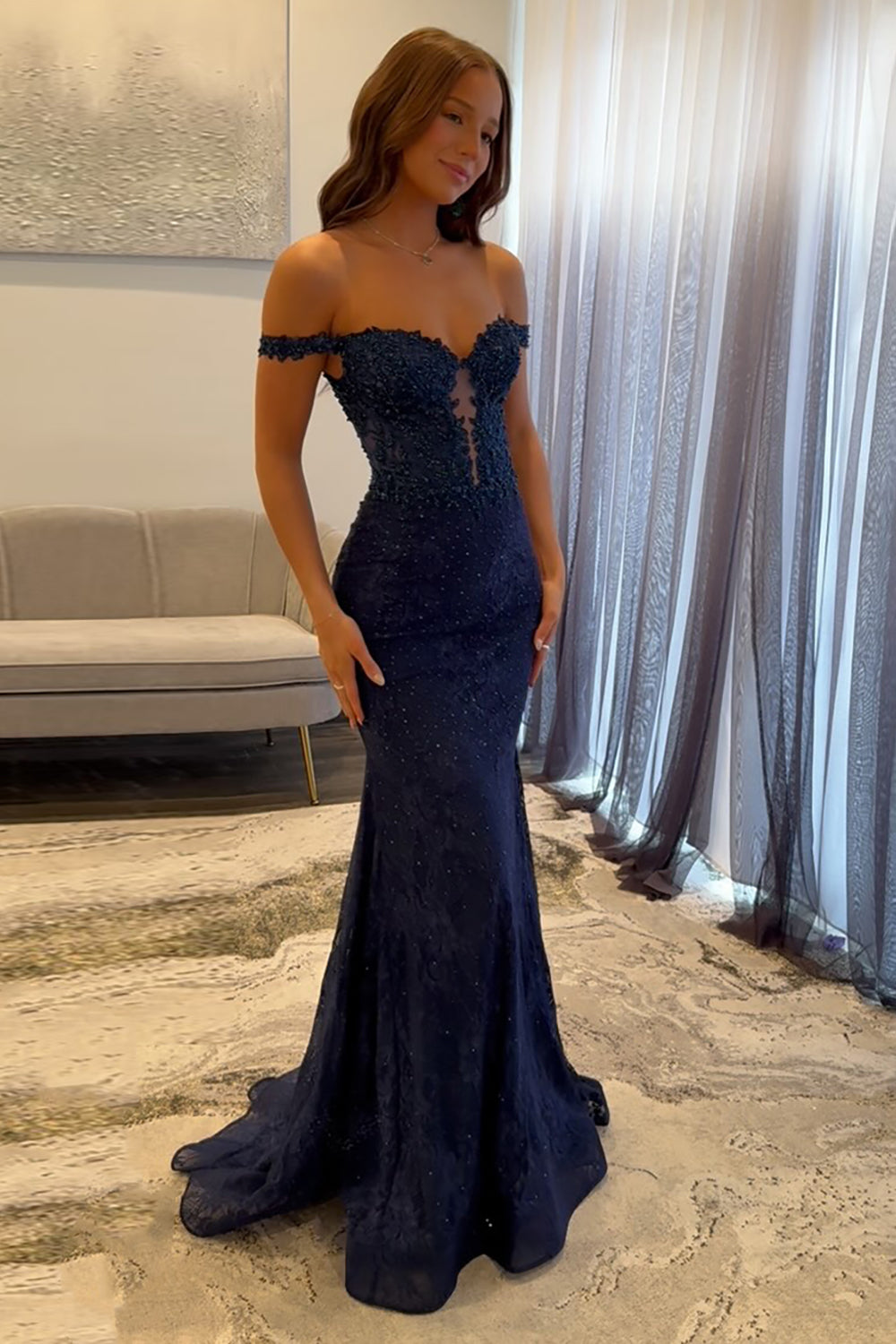 Navy Lace Mermaid Long Corset Formal Dress with Appliques