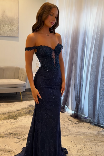 Navy Lace Mermaid Long Corset Formal Dress with Appliques