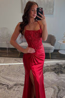 Load image into Gallery viewer, Red Satin Mermaid Long Corset Formal Dress with Appliques