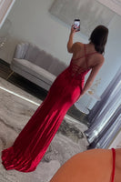 Load image into Gallery viewer, Red Satin Mermaid Long Corset Formal Dress with Appliques