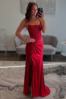 Load image into Gallery viewer, Red Satin Mermaid Long Corset Formal Dress with Appliques