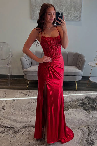 Red Satin Mermaid Long Corset Formal Dress with Appliques