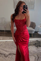 Load image into Gallery viewer, Red Satin Mermaid Long Corset Formal Dress with Appliques