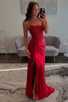 Load image into Gallery viewer, Red Satin Mermaid Long Corset Formal Dress with Appliques