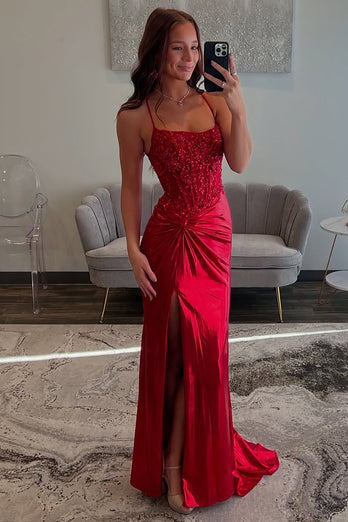 Red Satin Mermaid Long Corset Formal Dress with Appliques