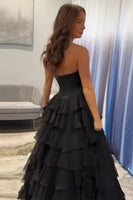Load image into Gallery viewer, Black Chiffon Tiered A-Line Corset Formal Dress with Beading