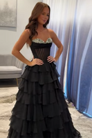 Load image into Gallery viewer, Black Chiffon Tiered A-Line Corset Formal Dress with Beading