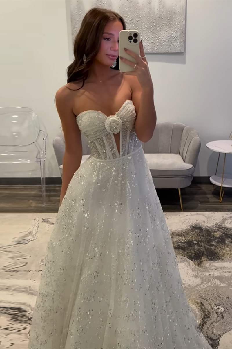 Load image into Gallery viewer, Sparkly White Sequin A-Line Long Corset Formal Dress