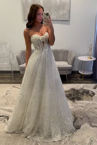 Sparkly White Sequin A-Line Long Corset Formal Dress