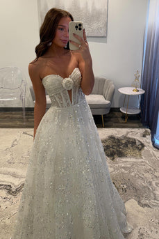 Sparkly White Sequin A-Line Long Corset Formal Dress