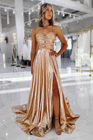 Load image into Gallery viewer, Gold Metallic Sweetheart Long Formal Dress with Slit