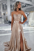 Load image into Gallery viewer, Gold Metallic Sweetheart Long Formal Dress with Slit