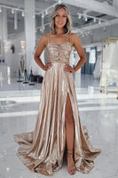 Load image into Gallery viewer, Gold Metallic Sweetheart Long Formal Dress with Slit