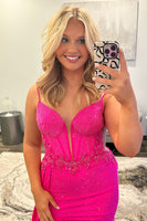 Load image into Gallery viewer, Sparkly Fuchsia Corset Beaded Satin Plus Size Formal Dress with Slit