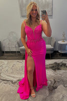 Load image into Gallery viewer, Sparkly Fuchsia Corset Beaded Satin Plus Size Formal Dress with Slit