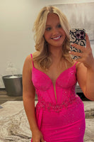 Load image into Gallery viewer, Sparkly Fuchsia Corset Beaded Satin Plus Size Formal Dress with Slit