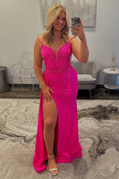 Load image into Gallery viewer, Sparkly Fuchsia Corset Beaded Satin Plus Size Formal Dress with Slit