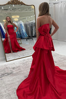Load image into Gallery viewer, Red Satin Strapless Bowknot Long Formal Dress with Slit