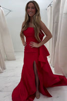 Load image into Gallery viewer, Red Satin Strapless Bowknot Long Formal Dress with Slit
