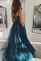 Load image into Gallery viewer, Sparkly Peacock Blue A Line Long Formal Dress with Appliques